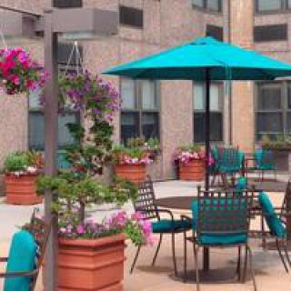 A cozy outdoor patio area with teal umbrellas, surrounded by potted plants and flowers.