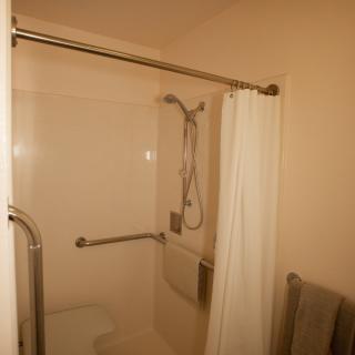 Accessible bathroom with a shower and grab bars.