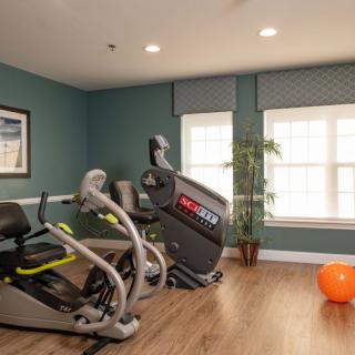 A home exercise room with a recumbent bike and bright windows.