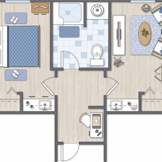 A floor plan of an apartment featuring a bedroom, bathroom, kitchen, and living room.