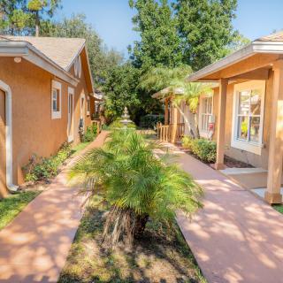 A sunny pathway between two homes, lined with lush plants and surrounded by trees.