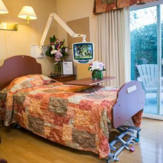 A well-equipped hospital room with a bed, television, and decorative flowers.