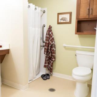 A bathroom with a shower, toilet, and shelving.