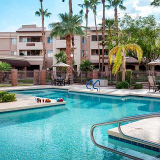 A luxurious swimming pool surrounded by palm trees and modern apartments, creating a perfect vacation atmosphere.