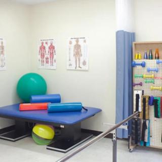 A well-equipped physical therapy room featuring exercise balls, mats, and anatomy charts.
