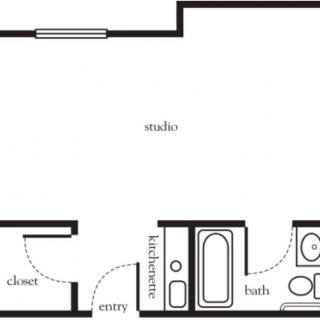 A simple floor plan layout of a studio apartment, featuring a kitchen, entryway, closet, and bathroom.
