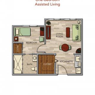 Floor plan of a one-bedroom assisted living apartment.