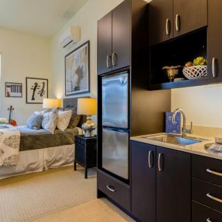 A cozy studio apartment featuring a compact kitchenette and a neatly arranged bedroom area.