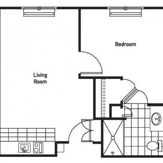 This image shows a simple floor plan of an apartment with a living room, bedroom, kitchen, and bathroom.