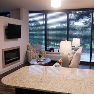 A modern living room with a fireplace, large windows, and comfortable seating.