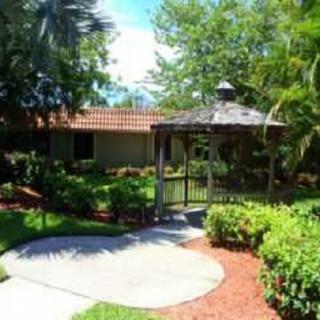 A serene garden with a gazebo surrounded by lush greenery and a paved pathway.