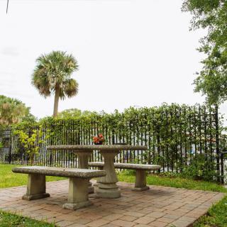 A peaceful garden setting with a stone table and benches surrounded by greenery.