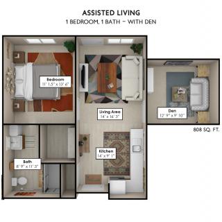 Assisted living floor plan featuring a 1-bedroom, bathroom, kitchen, and den.