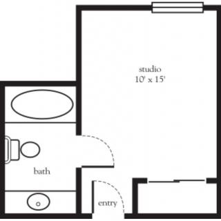 A floor plan of a small studio apartment with dimensions and a bathroom layout.