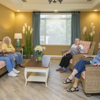 A group of seniors relaxing and conversing in a cozy living room.