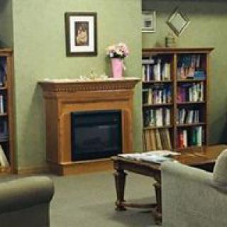 A cozy living room with a fireplace, surrounded by bookshelves and a comfortable seating area.