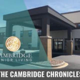Front view of Cambridge Senior Living building with 'The Cambridge Chronicle' text overlay.