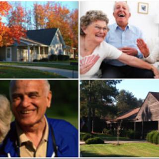 A vibrant community showcasing joyful moments among elderly residents, surrounded by beautiful autumn scenery.