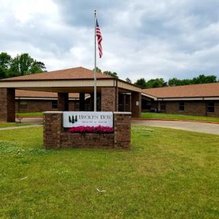 A view of a single-story building with an American flag and a sign in front, set against a cloudy sky.