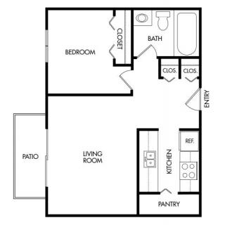 A simple floor plan of a one-bedroom apartment featuring a living room, kitchen, bathroom, and patio.