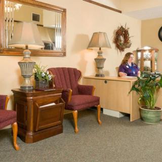 A cozy waiting room with upholstered chairs, a lamp, and decorative plants.