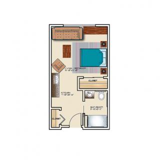 A floor plan of a one-bedroom apartment layout.