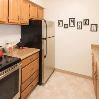 A modern kitchen with wooden cabinets, stainless steel appliances, and a neatly arranged countertop.