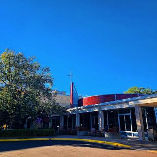 A modern building surrounded by greenery under a clear blue sky.
