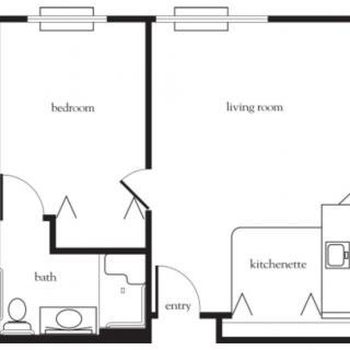 A simple floor plan showing an apartment layout with a bedroom, living room, kitchen/dining area, and bathroom.