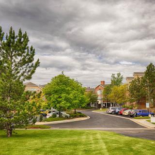 A suburban neighborhood street lined with trees and parked cars under a cloudy sky.