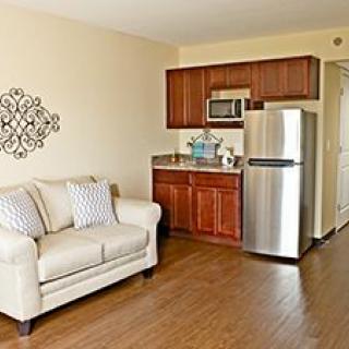 A compact living space featuring a kitchenette with wooden cabinets, a sofa, and decorative wall art.