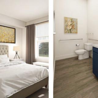 A modern bedroom with an adjacent bathroom, featuring sleek decor and furnishings.