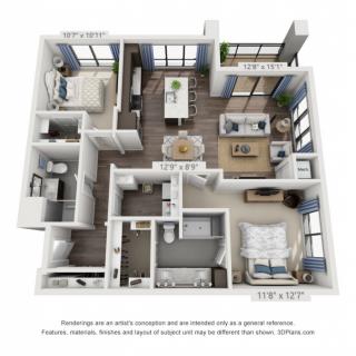 A 3D floor plan of an apartment featuring two bedrooms, a living room, kitchen, and bathrooms.