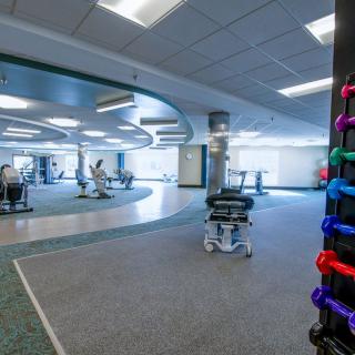 A spacious gym with various exercise equipment and a rack of colorful weights.