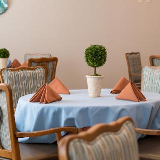 A well-arranged dining table featuring elegant napkins and a decorative plant.