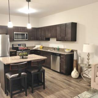 A modern kitchen with dark cabinets, stainless steel appliances, and a central island with pendant lighting.