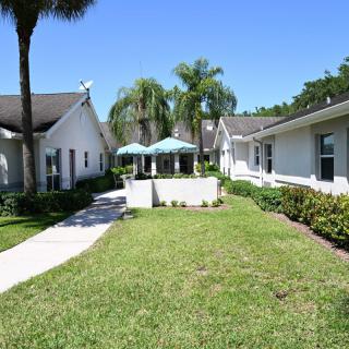 A serene residential area with houses surrounded by well-maintained gardens and palm trees under a clear blue sky.