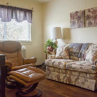 A cozy living room featuring a floral sofa, armchair, and decorative elements.