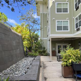 A serene outdoor space featuring a modern building, landscaped with plants and a decorative water feature.
