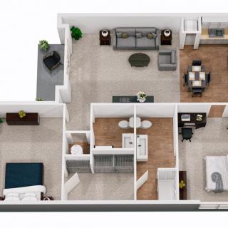 A modern two-bedroom apartment floor plan featuring a spacious living room, dining area, kitchen, bathroom, and a balcony.