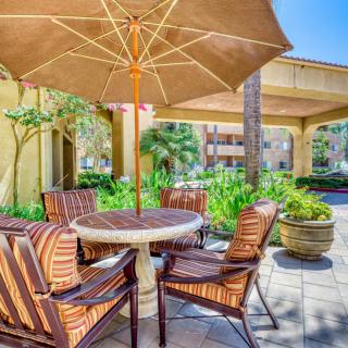 A sunny outdoor patio with a round table, striped chairs, and an umbrella surrounded by greenery.