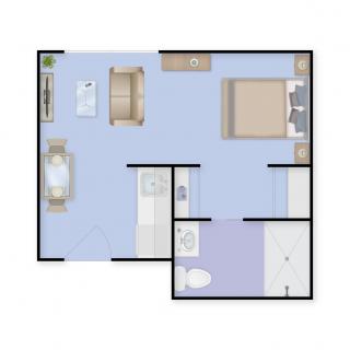 A simple one-bedroom apartment floor plan with designated areas for the living room, kitchen, and bathroom.