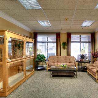 A cozy waiting room with sofas, a coffee table, and large windows.