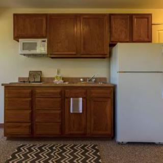 A compact kitchen setup with wooden cabinets, a white refrigerator, and a microwave above the counter.