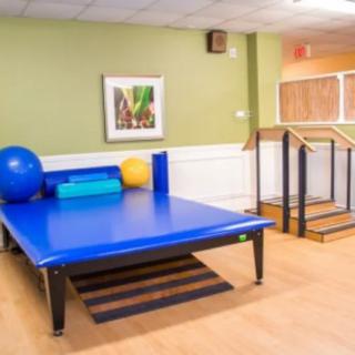 A physical therapy room equipped with a large blue exercise mat, exercise balls, and parallel bars.