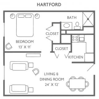 Floor plan of a one-bedroom apartment labeled 'Hartford'.