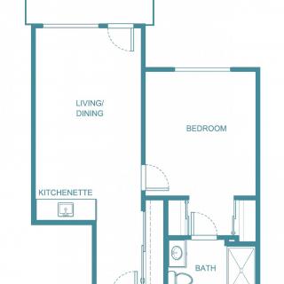 A simple floor plan of a one-bedroom apartment featuring a living/dining area, kitchen, bedroom, and bathroom.