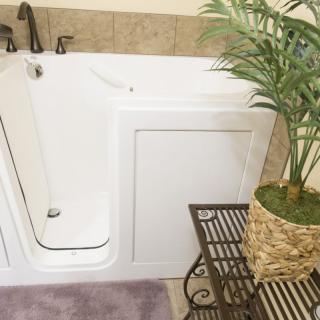 A walk-in bathtub in a bathroom featuring modern fixtures and an indoor plant for decor.