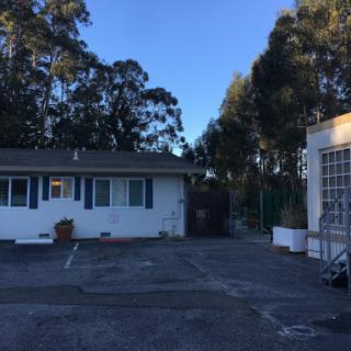 A quiet residential area featuring a white building and surrounding trees.
