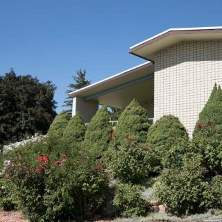 A contemporary house with modern architectural design surrounded by neatly landscaped shrubs and trees on a clear day.